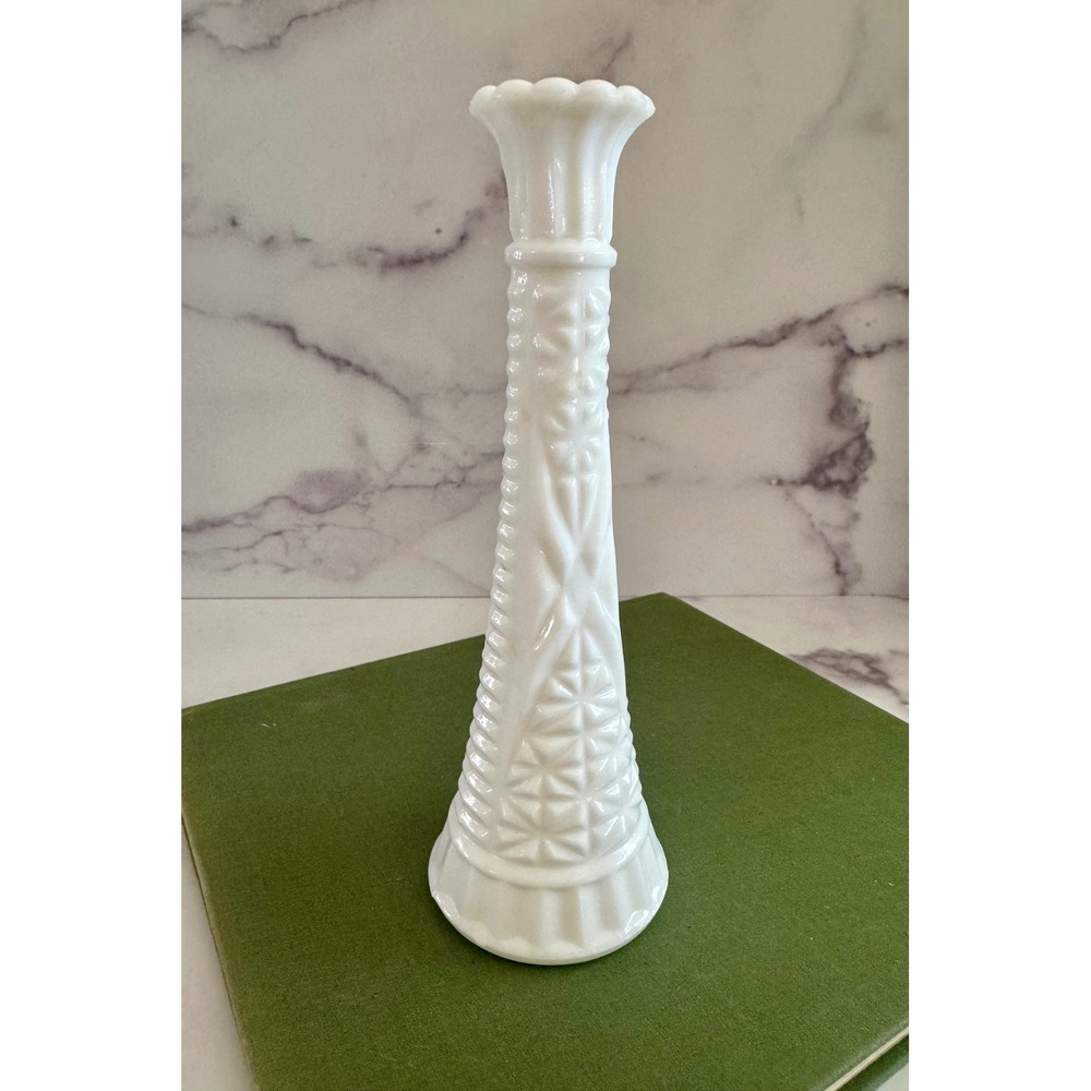 Vintage Milk Glass Bud Vase Stars and Bars Pattern Scalloped Rim 9 Inch White